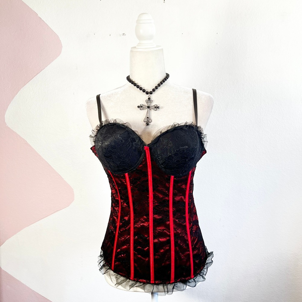 Black Red Corset Bustier Top Sz XL Lace Vampire Gothic Victorian Burlesque